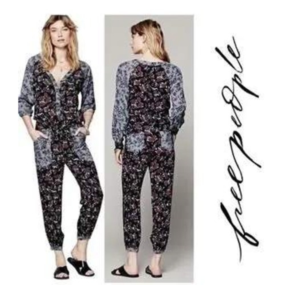 Free People Shelia Mixed Floral Print Jumpsuit Black Plum Rayon Boho Large